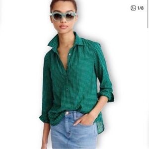J. Crew Green Blue Gingham Gathered Pop-Over Top size 8